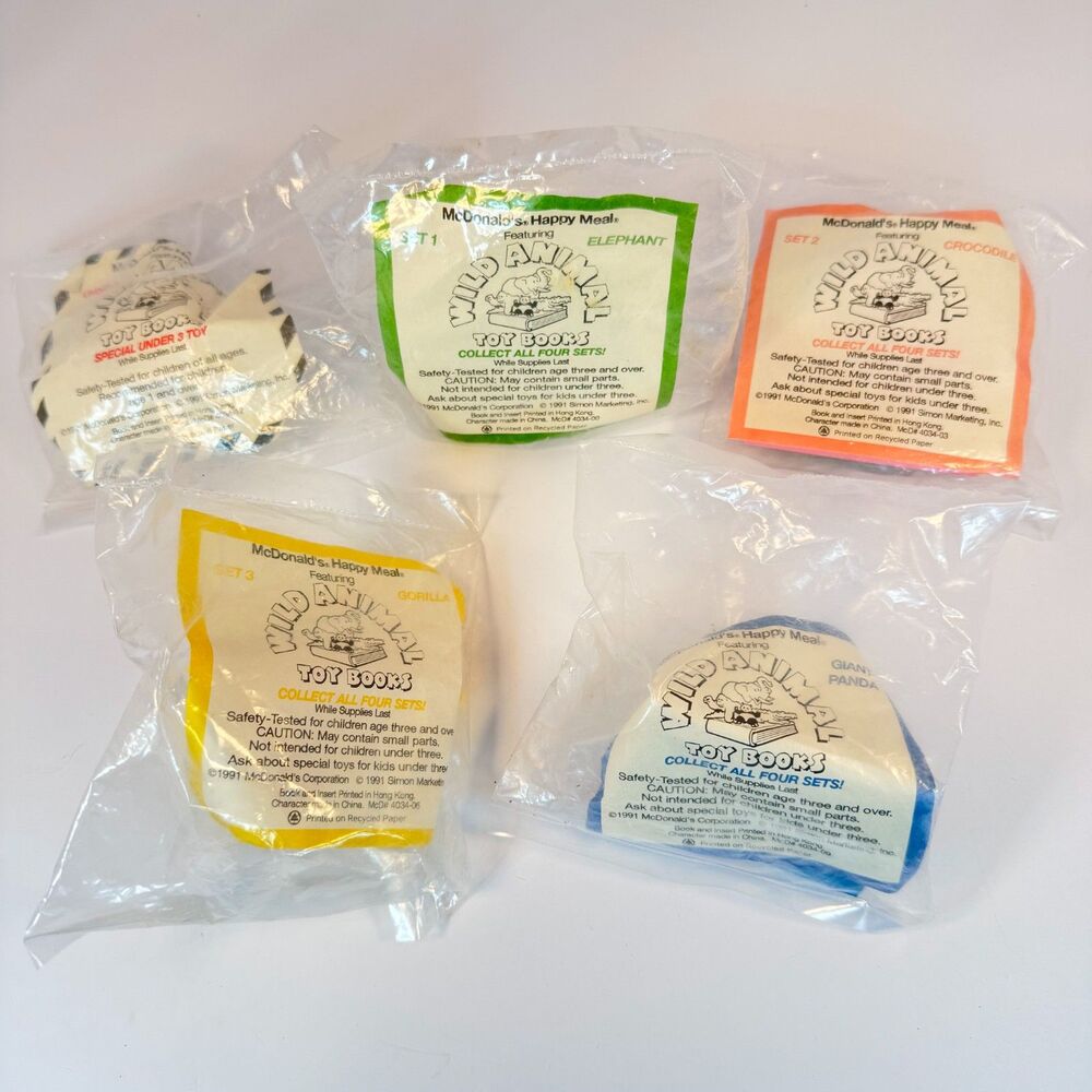 1991 McDonalds Complete Set of 4 + 1U3 Wild Animal Toy Books Happy Meal Toys 90s